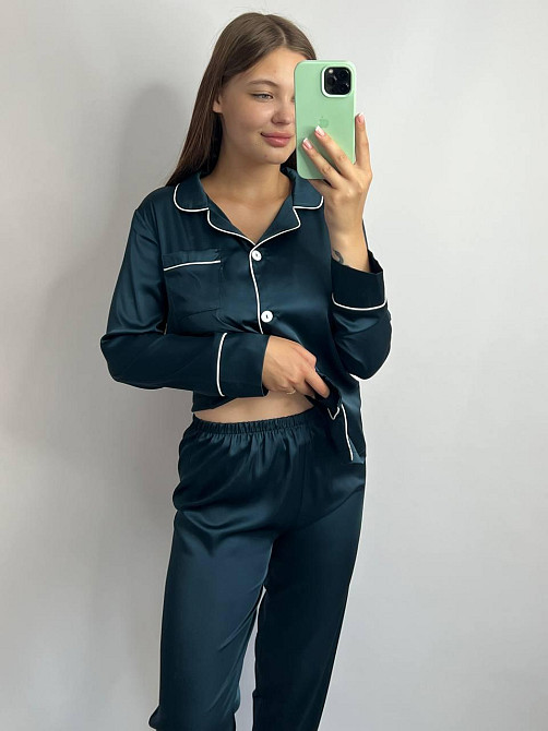 Комплект шелковый тройка рубашка с шортами и штанами Темно-изумрудный M Харьков - изображение 2