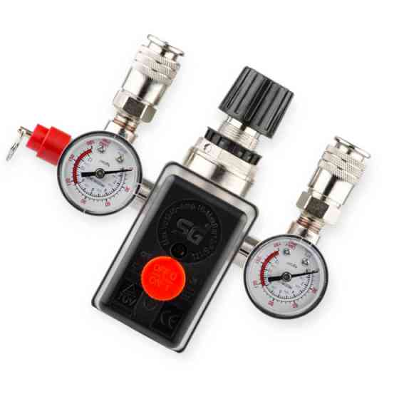 Пресостат 220В у зборі (пресостат, редуктор, 2 манометра, запобіжний клапан, два вих.) INTERTOOL Мукачево