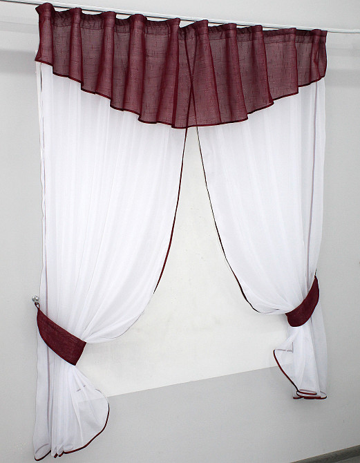 Кухонный комплект VR-Textil № 084к шторки с ламбрекеном бордовый с белым 265х170 см (52-0265) Киев - изображение 1