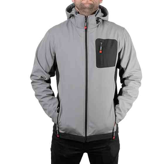 Куртка SOFTSHELL світло-сіро/чорна, з капюшоном, тришарова, стрейч 300 GSM 100D, водо-/вітрозахист, 96% поліестер / 4% еластан, 3 кишені, XL Львів