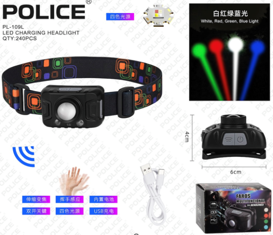 Налобний ліхтар Bailong PL-109L, red+blue+white+green, Type-C, Sensor Дніпро