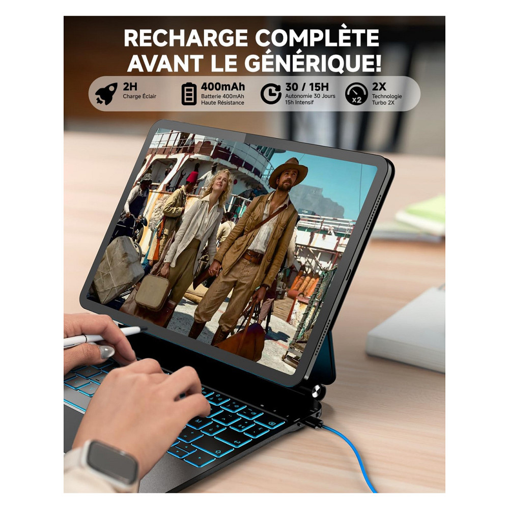 Клавиатура Nuflaz X7 чёрно-серая AZERTY подсветка 7 цветов трекпад ультра‑тонкая для iPad 11