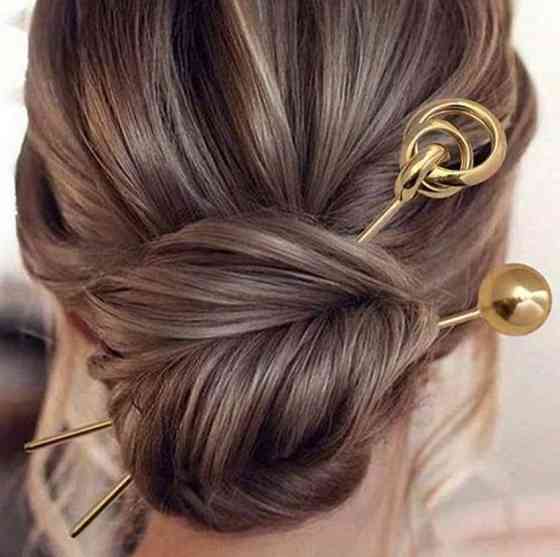 Шпильки для волос металлические золотые 2 шт геометрические палочки для прически аксессуар Киев