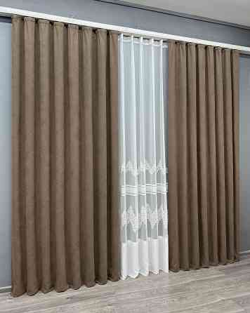 Комплект штор VR-Textil Мікровелюр Petek 150х270 2шт і Тюль 400х270 2014ш-1706т Коричневий з молочним 71-193/3 Київ