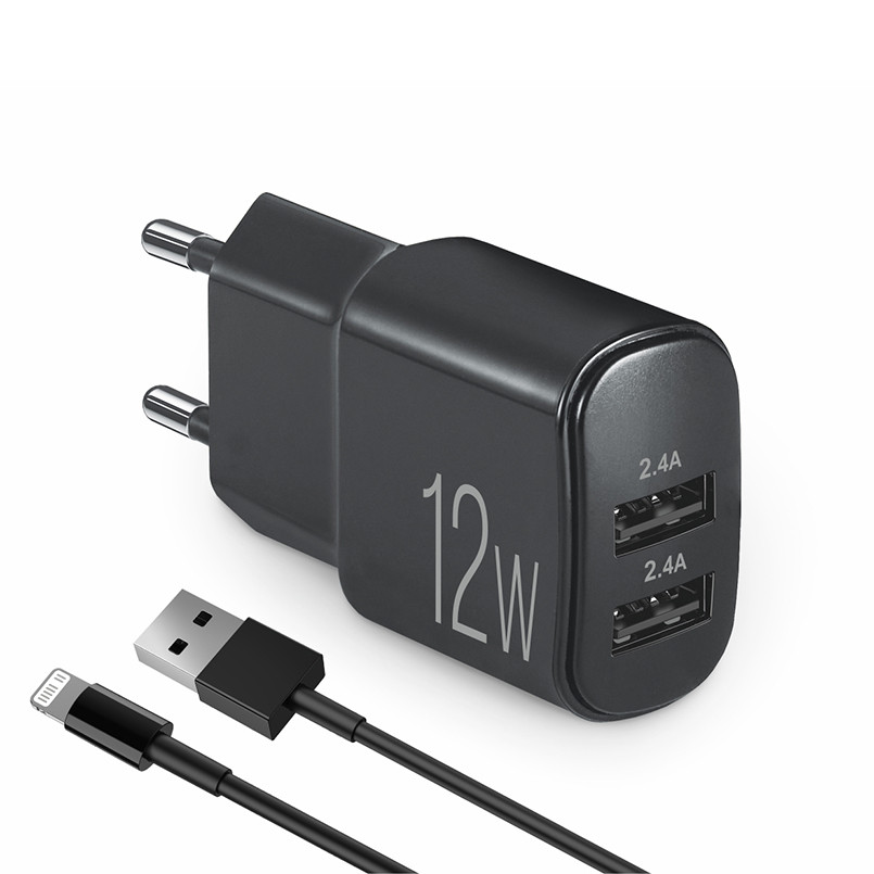 Сетевое зарядное устройство Brevia ePower 12W 2xUSB-A + кабель USB-A to Lightning 1м черный Львов - изображение 1