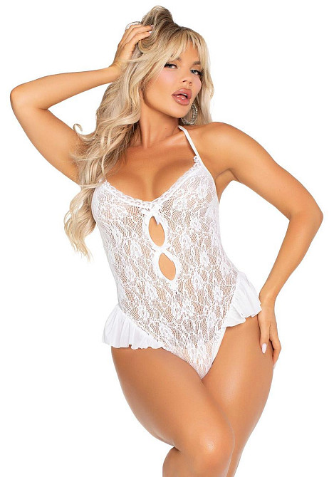 Боди Leg Avenue Lace Floral Lace Halter Teddy with Flutter Accent One Size, White Sex Aura Киев - изображение 1
