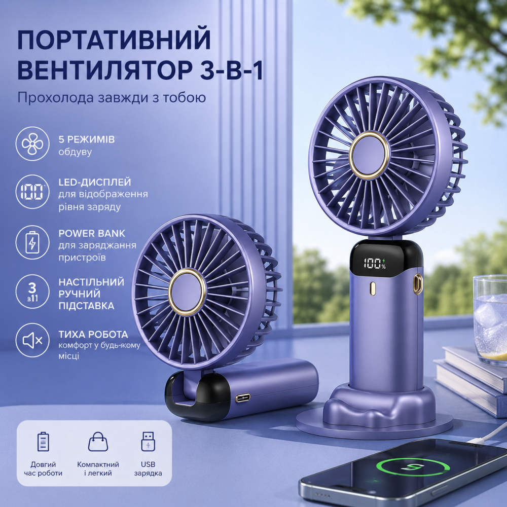 Портативний ручний міні вентилятор акумуляторний USB бездротовий з дисплеєм переносний (Синій)1800 мАг Київ - фото 9