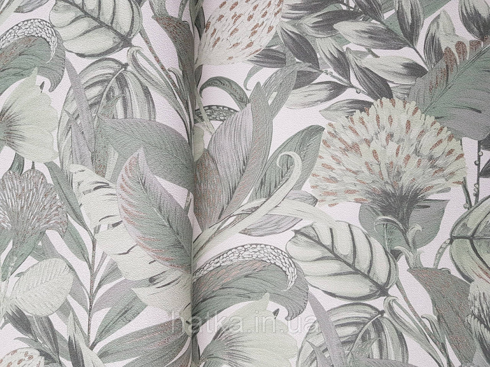 Шпалери метрові вініл на флізелін дизайнерські Erismann Elle Decoration 2 квіти листя зелене золото на білому Київ - фото 1