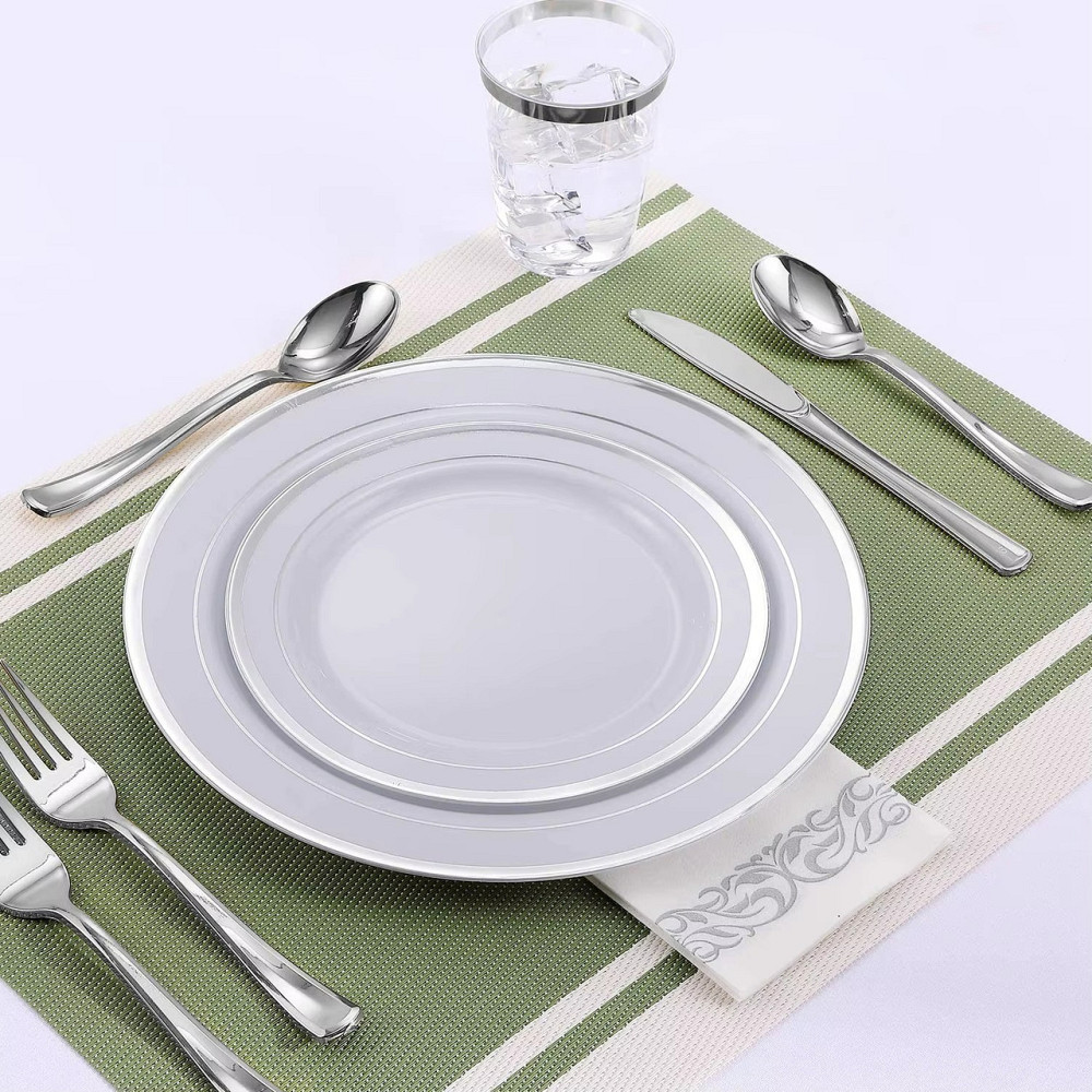 Набор тарелок пластиковых 12 шт круглые,обеденные 26 см и десертные 19 см,белые с серебристым контуром Каменец-Подольский - изображение 8