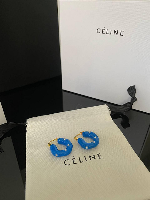 Брендові сережки Селін/Celine, позолота, сині/блакитні/Селен сережки маленьке кільце емаль блакитного кольору Одеса - фото 4