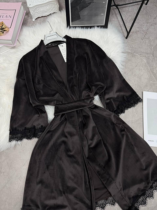 Женский домашний халат на запах велюр с кружевом Шоколад, 48/52 Одесса - изображение 2