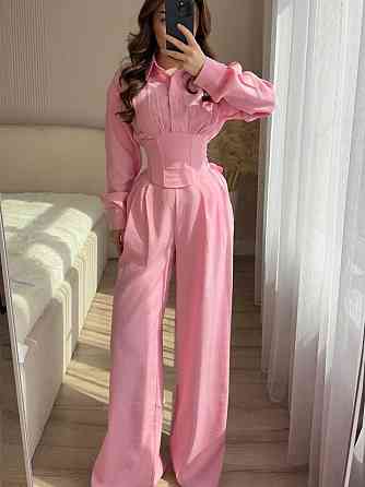 Жіночий стильний трендовий повсякденний костюм льон жатка Рожевий, 42/46 Одеса