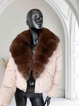 Короткий пуховик жіночий з натуральним хутром песця Бежевий Темний Соболь XS Харків