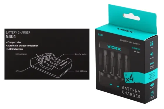 Зарядное устр-во для аккумуляторных батареек 4*AA/AAA Videx USB Винница
