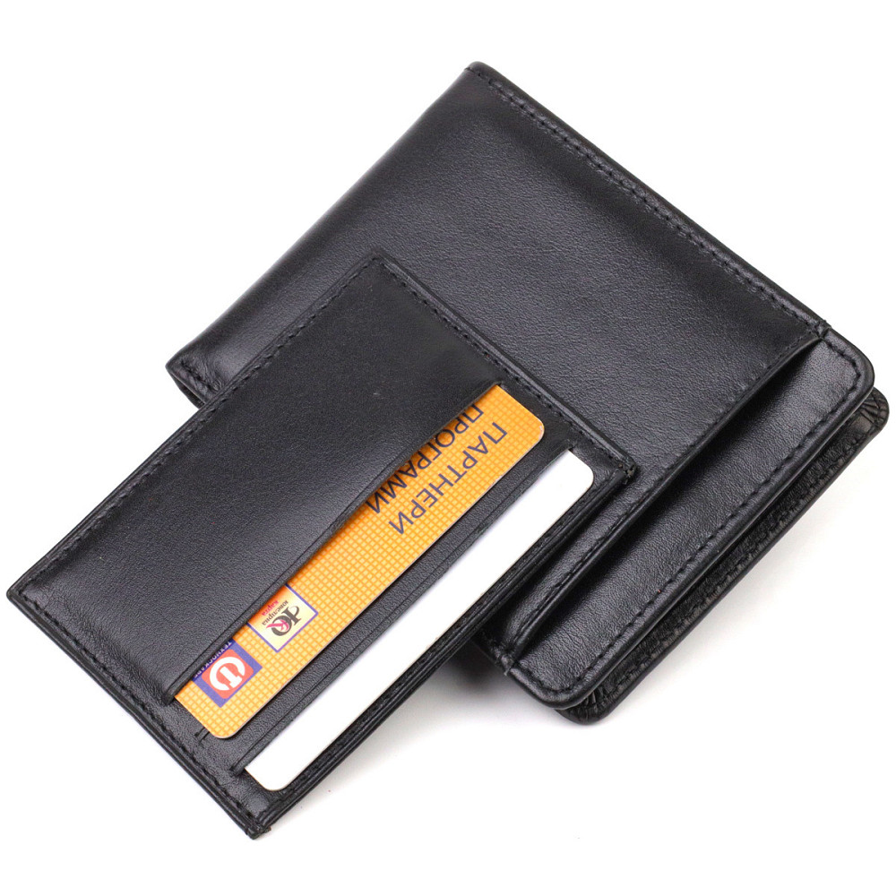 Практичний компактний гаманець із вкладишем для посвідчення для чоловіків з натуральної гладкої шкіри Чорний (CANPELLINI) Київ - фото 8