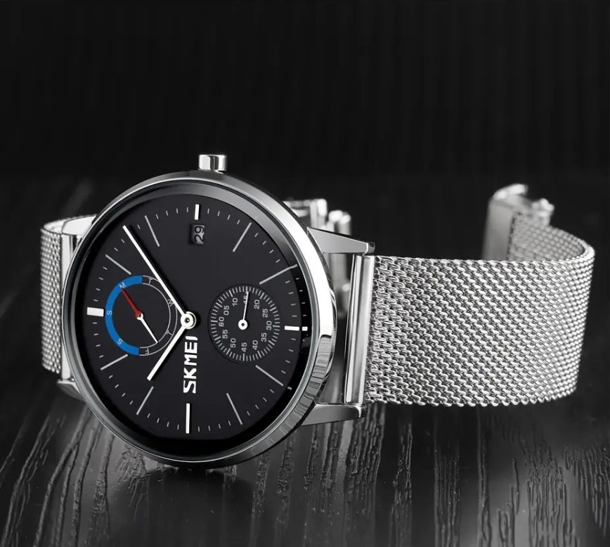 Класичний чоловічий годинник Skmei 9182 сріблясті з чорним цифеблатом Київ - фото 7