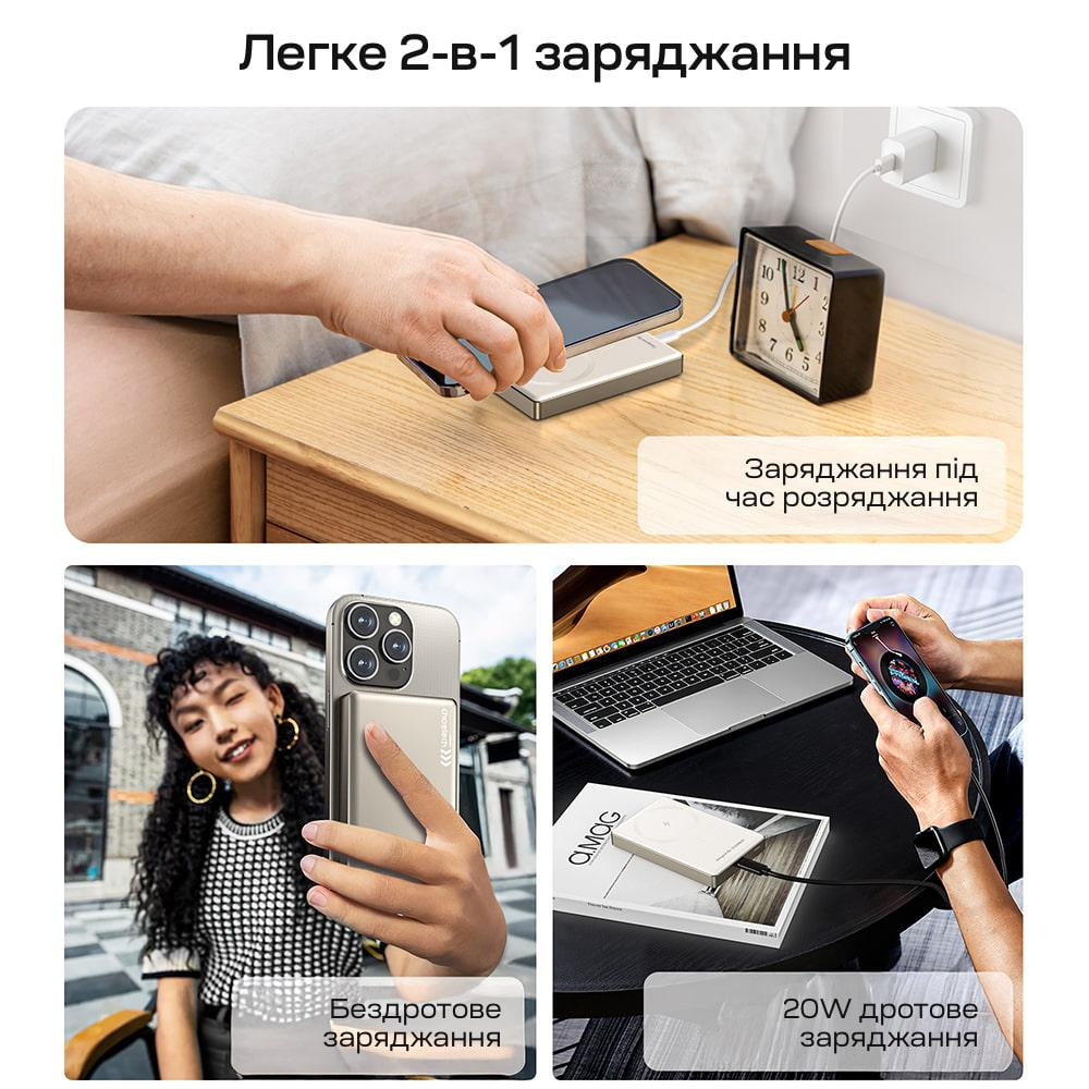Повербанк 10000mAh Choetech B739 Silver QC3.0 PD3.0 бездротова магнітна зарядка (43-00152) Київ - фото 5