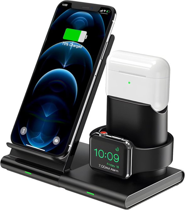 Бездротовий зарядний пристрій Seneo PA191 3 в 1 для iPhone 14/13/12/11/Pro, Apple Watch, AirPods, MagSafe, Чорний Київ - фото 1