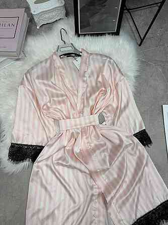 Женский домашний халат в полоску шелк армани с кружевом Одесса