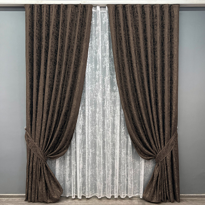 Комплект штор VR-Textil Льон Мармур 100х270 2шт і Тюль 400х270 1910ш-1400т Венге з білим 71-138/2 Київ - фото 1