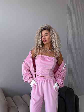 Жіночий велюровий костюм-трійка: кофта корсет і штани Рожевий, 48/52 Одеса