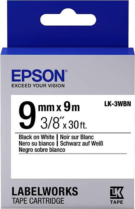 Картридж для этикеток Epson LK-3WBN черный на белом 9 мм x 9 м термотрансферный водостойкий Киев - изображение 1