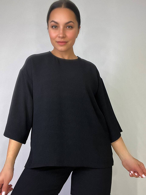 Костюм женский 1005-0712 жаткая рубашка короткий рукав разрезы и брюки палаццо черный, черный, M Киев - изображение 6