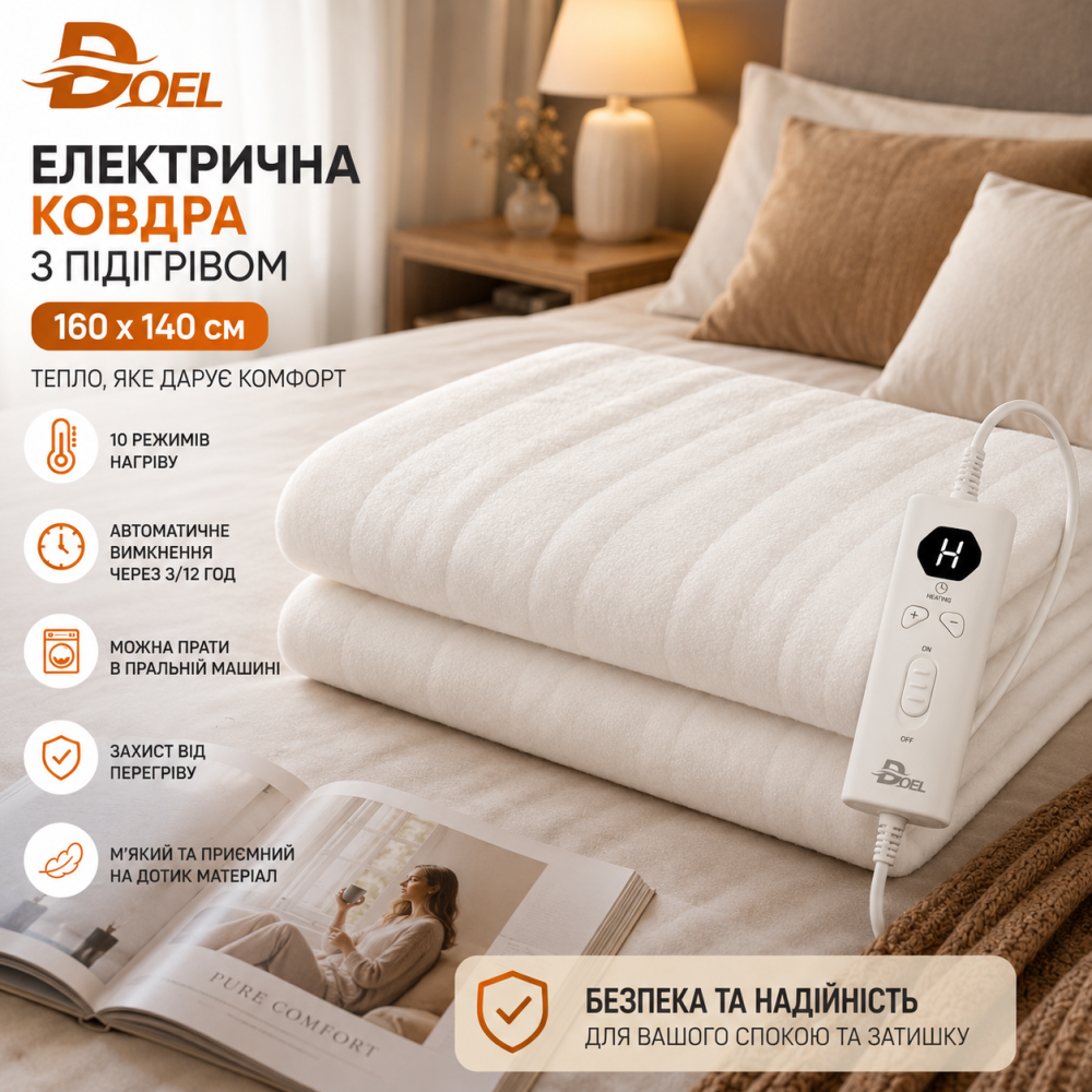 Электрическое одеяло с подогревом DOEL 160x140 см: 10 режимов нагрева, автоотключение, защита от перегрева, White Киев - изображение 9