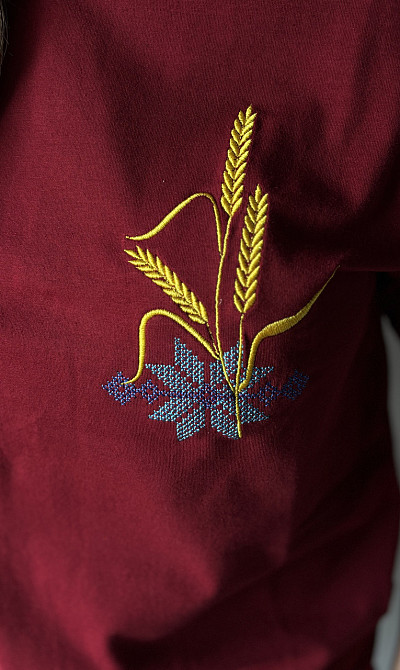 Женская насыщенная вышитая футболка вышиванка бордовая с голубым орнаментом в колосках Киев - изображение 3
