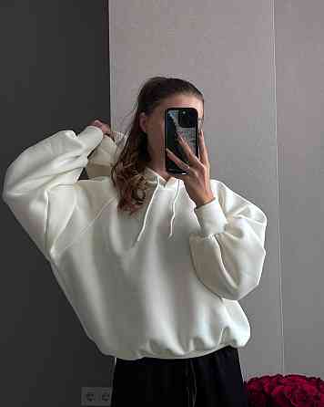 Жіноча базова тепла худіоверсайз тринитка на флісі Молочний Одеса