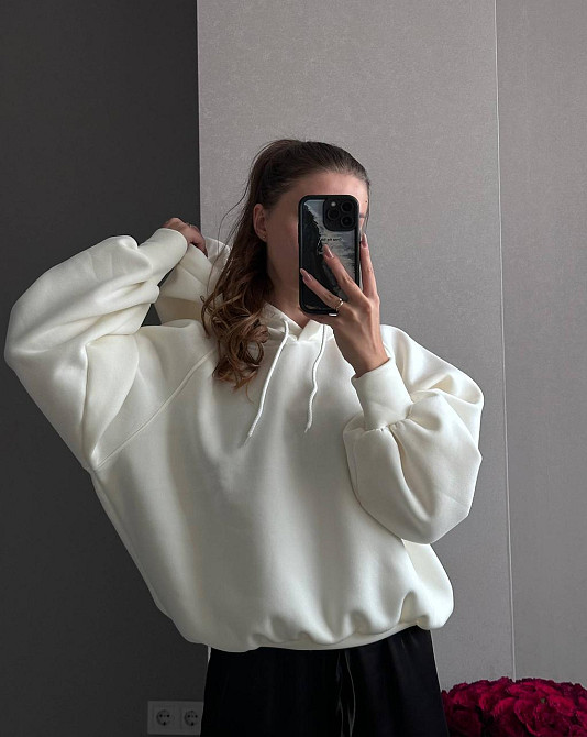 Жіноча базова тепла худіоверсайз тринитка на флісі Молочний Одеса - фото 1