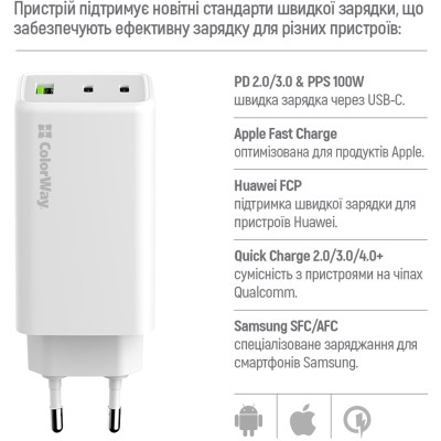 Зарядний пристрій ColorWay C101B GaN Mini 100W PD PPS 2xUSB-C + USB-A white (CW-CHS061PD-WT) Вінниця - фото 4