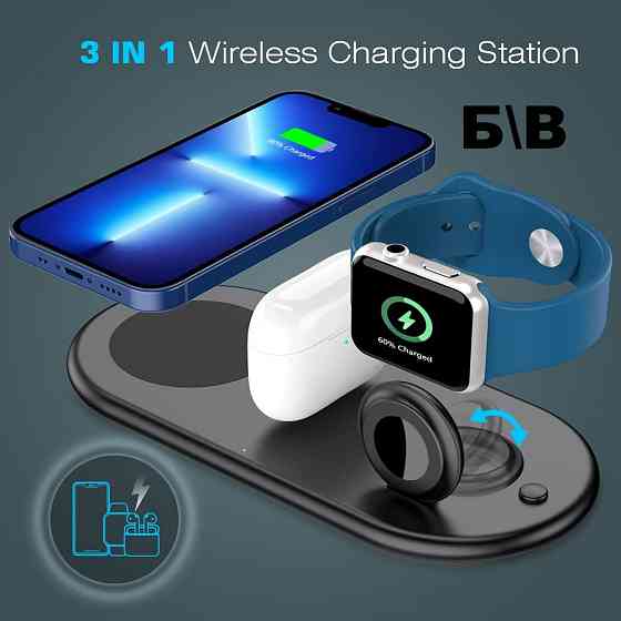 Бездротова зарядна станція 3 в 1 iXular 20W для iPhone, Apple Watch, AirPods Складана док-станція Чорна Б/В Київ