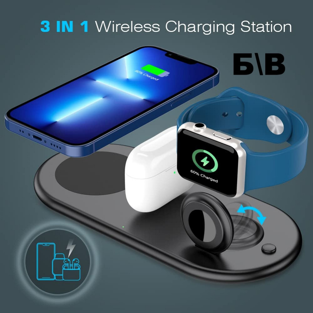 Бездротова зарядна станція 3 в 1 iXular 20W для iPhone, Apple Watch, AirPods Складана док-станція Чорна Б/В Київ - фото 2