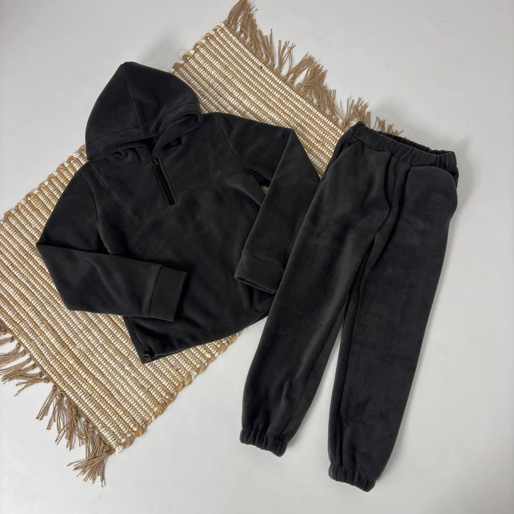 Дитячий теплий костюм тедді з полур флісу на затяжках (толстовка з капюшоном + штани) Графіт 80 Кам'янець-Подільський - фото 1