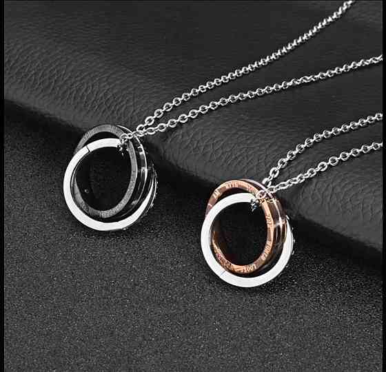 Двойная подвеска с кольцами LOVE из стали – серебро и розовое золото Киев