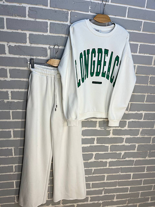 Костюм жіночий Quzen 388-488 подовжений світшот напис брюки палаццо широкі утеплений на флісі білий, білий, S Київ - фото 6