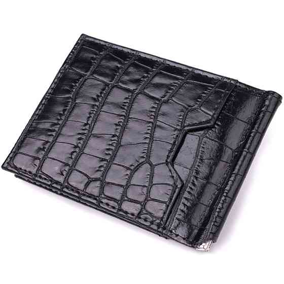 Удобный мужской зажим из натуральной фактурной кожи под крокодила KARYA 22886 Черный Киев