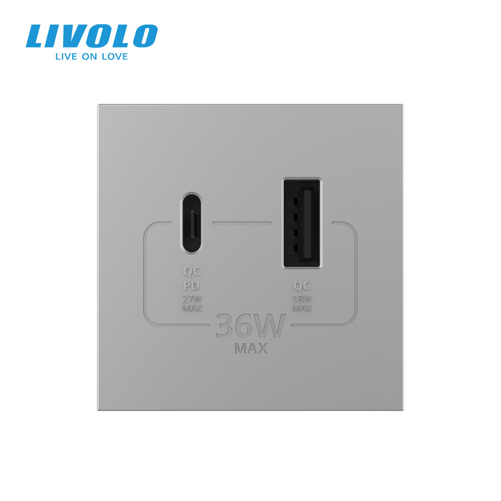 LIVOLO Розетка LIVOLO USB-A + USB-C PD 36Вт, сіра, швидке заряджання, Power Delivery QC 3.0, мо Коломия - фото 6