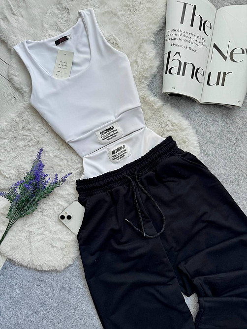 Жіночий прогулянковий костюм-двійка: топ і штани двонитка + мікродайвінг Чорний, 46/48 Одеса - фото 8