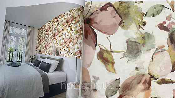 Обои виниловые на флизелиновой основе Rasch Florentine 1.06х10 цветы крупные бордовые розовые зеленые на белом Киев