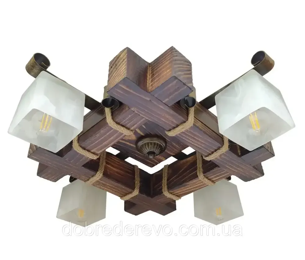 Люстра дерев'яна квадратна з склянним плафоном підвісна Вижниця - фото 1