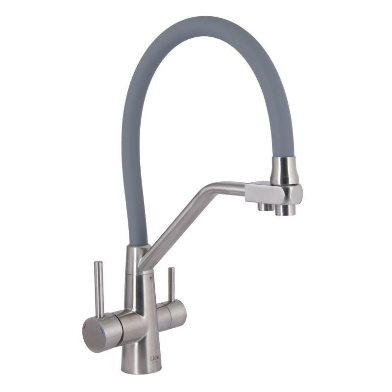 Смеситель для кухни Lidz Aria 020F3 с гибким изливом, с подключением для питьевой воды Nickel/Grey Харьков - изображение 1