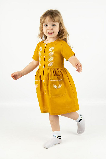 Платье для девочек, летнее льняное с вышивкой, горчичное топ 122 Киев - изображение 1