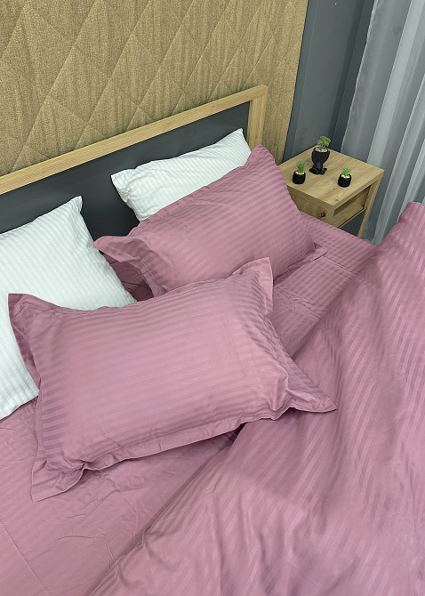 Комплект постельного белья Страйп-сатин Двуспальный 180х220 с простыней на резинке Лиловый (88-104) Киев - изображение 7