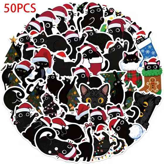 Набір новорічних наліпок 50 шт — чорні котики у шапочках Санти Київ