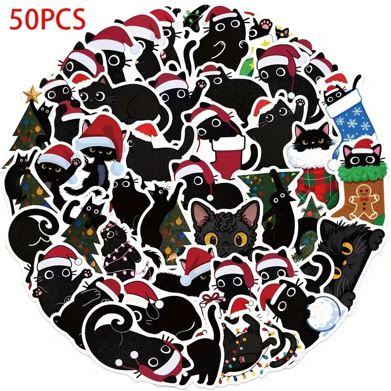 Набір новорічних наліпок 50 шт — чорні котики у шапочках Санти Київ - фото 1