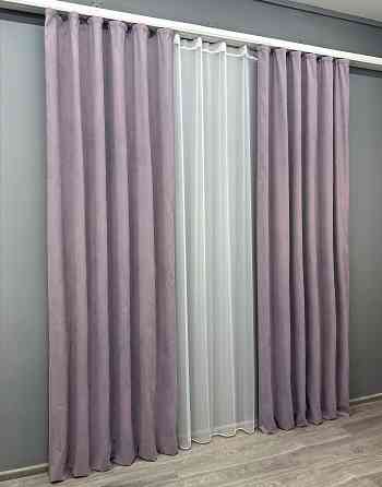 Комплект штор VR-Textil Мікровелюр Petek 100х270 2шт і Тюль 400х270 1493ш-1153т Лавандовий з білим 71-054/2 Київ