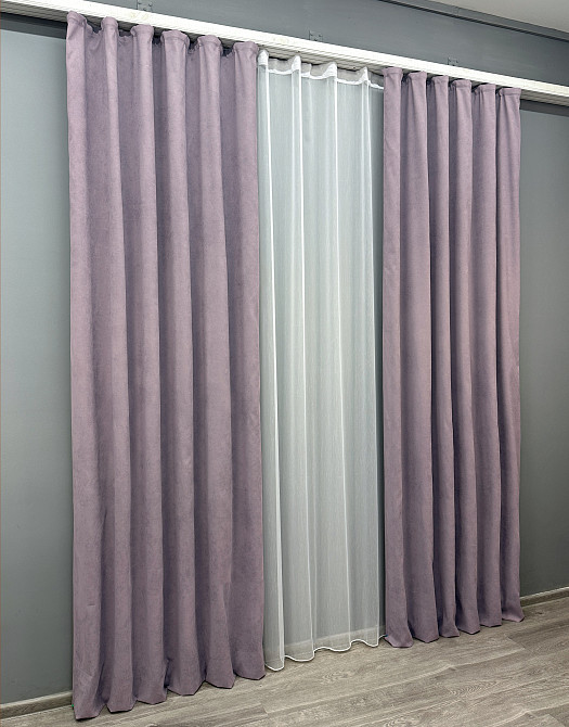 Комплект штор VR-Textil Мікровелюр Petek 100х270 2шт і Тюль 400х270 1493ш-1153т Лавандовий з білим 71-054/2 Київ - фото 3
