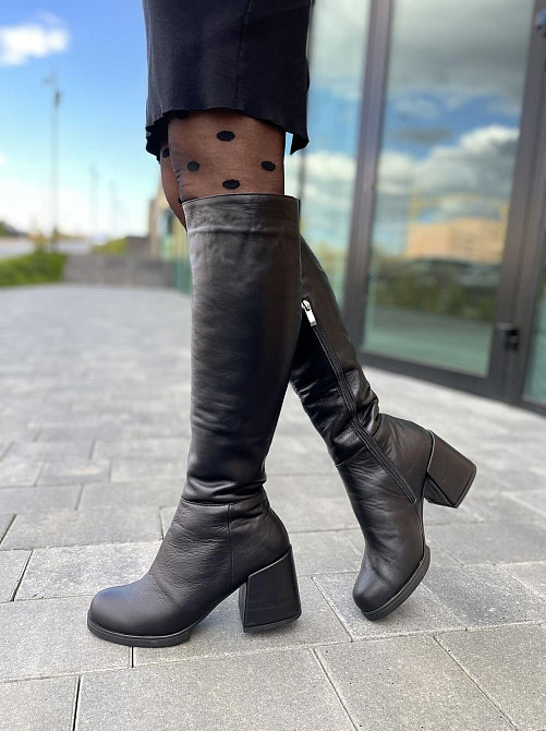 Чоботи жіночі TWO STEPS чорні натуральна шкіра зима высота 42см обхват голени 36-38см каблук 8с Коломия - фото 1